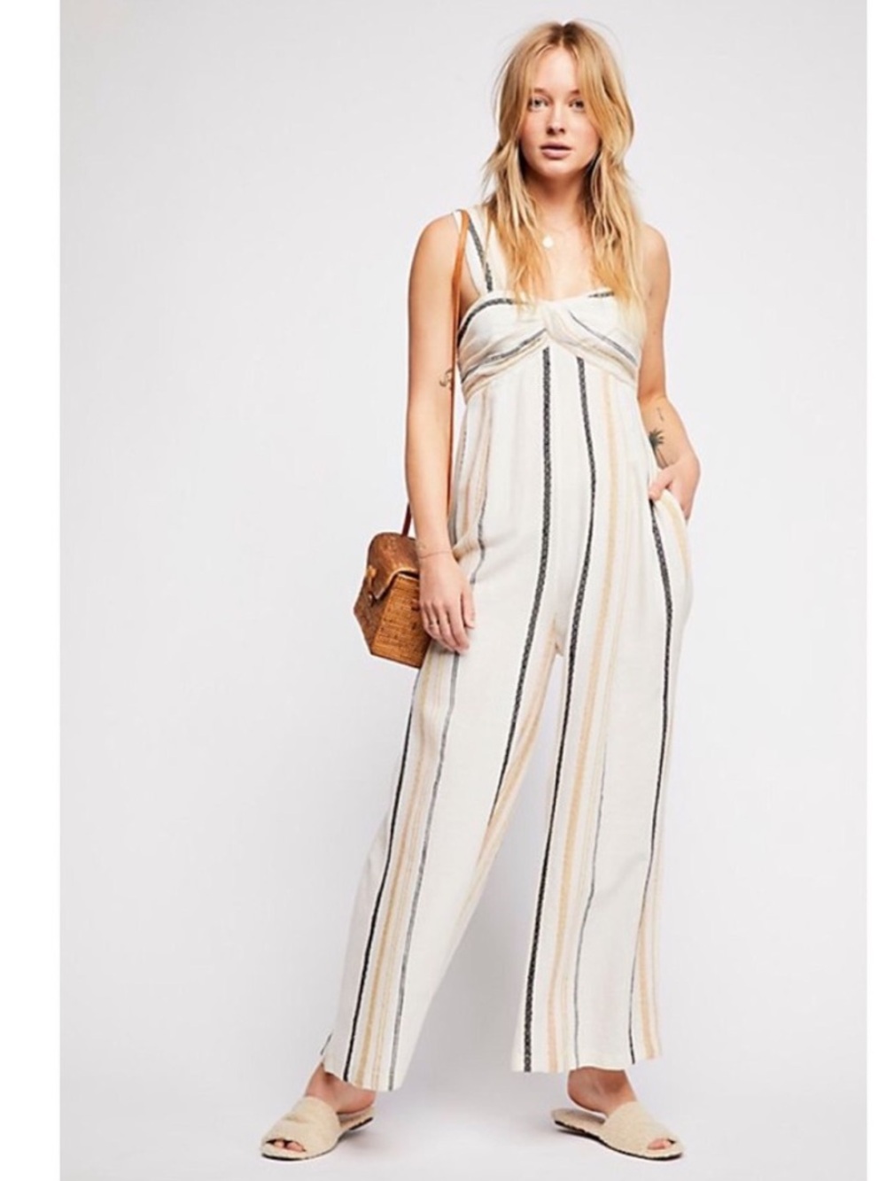 FREE PEOPLE Breezin Through Beige Striped Wide Leg Jumpsuit nwot sz M